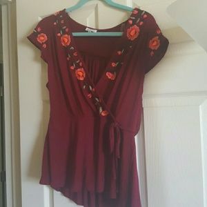 NWOT Beautiful embroidered burgundy wrap top